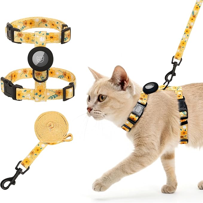 SCENEREAL Adjustable Cat Harness and Leash Set with AirTag Holder, Escape-Proof Design for Small to Large Cats, Lightweight Soft Travel Harness, Yellow Floral