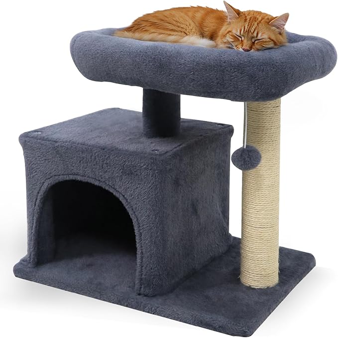 Tangkula Small Cat Tree for Indoor Cats, Cat Tower with Sisal Scratching Posts, Hanging Pompom, Cat Condo with Large Padded Plush Perch for Small Spaces, Kittens (Dark Grey)