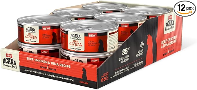 ACANA Premium Pate Wet Cat Food in Bone Broth Beef Chicken + Tuna Recipe 5.5oz Cans (12 count)
