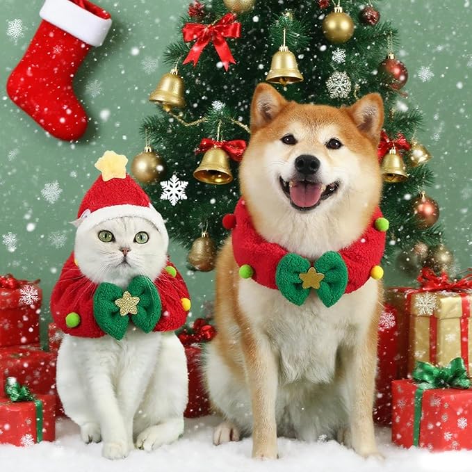 Cat Christmas Outfit 2pcs Set, Cat Santa Hat with Wreath Scarf, New Year Decoration Costume Suit for Small Dogs, Rabbits, Red