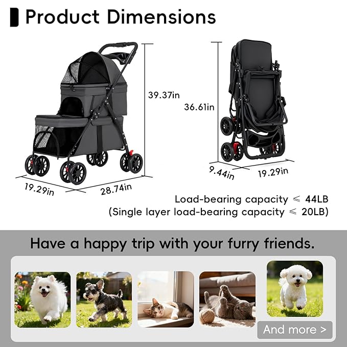 YYW Double Pet Stroller for Small Cats and Dogs, Foldable Kittens Puppies Travel Strolling Cart with 2 Carriages, Cup Holder & Lockable Wheels, Ideal for Multi-Pet Families(Black)