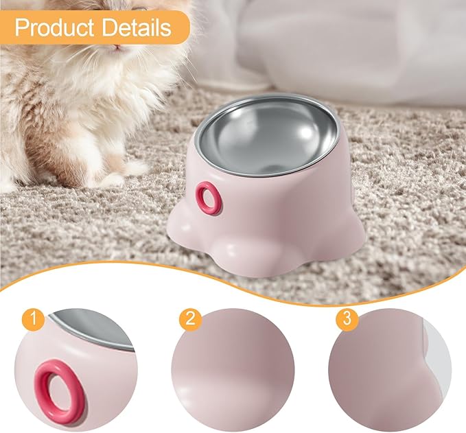 Gralara Tilted Cat Feeder Bowl, Feeding Dish Home Indoor Watering Versatile Food Dispenser, Removable Stainless Steel Bowl for Puppy, Pink