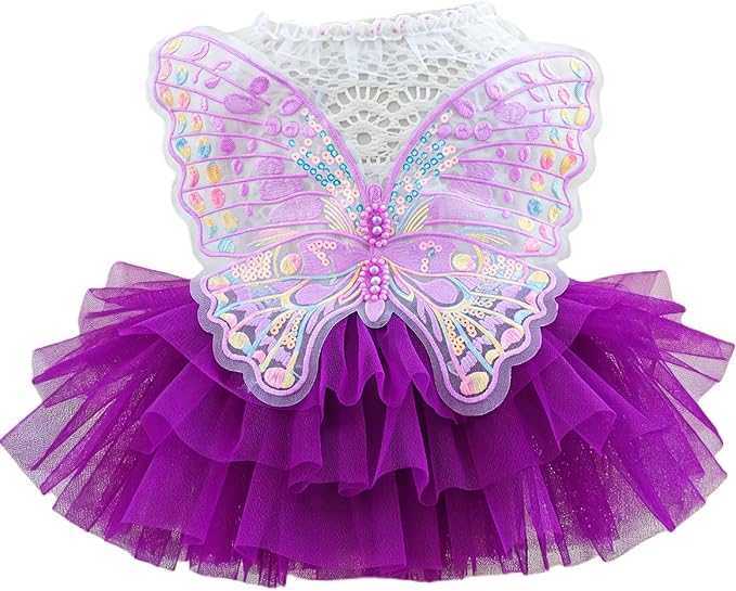 Dog Fairy Costume with Butterfly Wings, Cat Princess Dress for Small Dogs Girls, White Lace Knit Top and Purple Tulle Skirt, Fairy Wings for Dogs Halloween Outfit 4.4-6.6lbs (Purple,S)