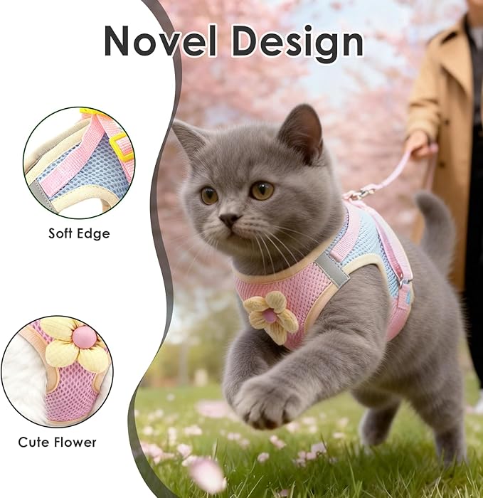 Cat Harness and Leash Set Escape Proof, Adjustable Leash & Breathable Mesh Vest with Reflective Strips & Flower, XS (XS)