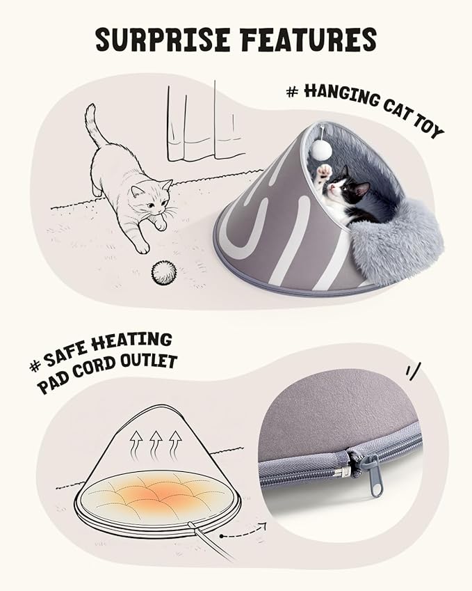 BurgeonNest 20-Inch Round Cat Bed Cave, Enclosed Hooded Pet House for Indoor Kittens, Anti-Collapse EVA Shell with Cord Access for Heating Pad, Washable Soft Plush, Grey