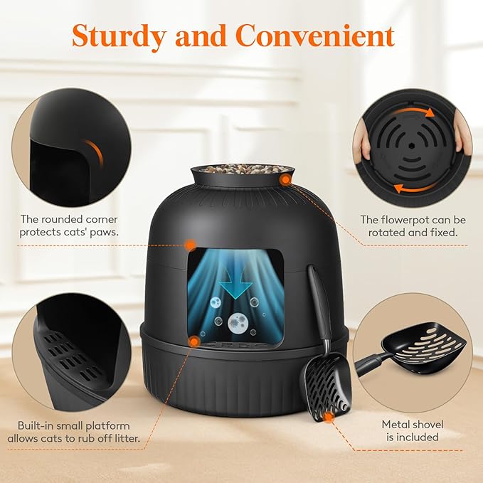 Lifewit Cat Litter Box, Hidden Enclosure Litter Tray with Odor Control & Carbon Filter in Living Room, Bedroom, Corner with Faux Plant& Stainsteel Scoop, 48 x 120 cm/19x47, Black