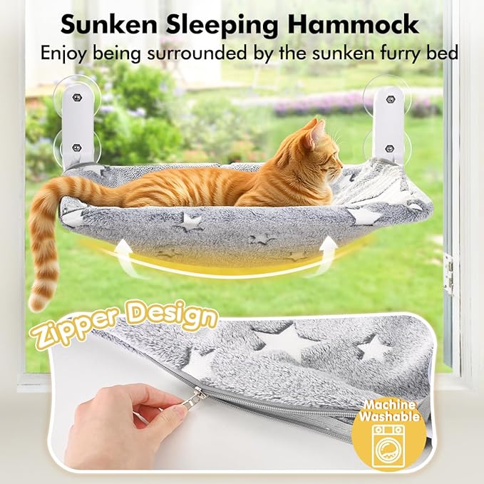 Zoratoo 2PC Cat Window Perch, Glow in The Dark Cordless Foldable Pet Hammock Bed for Window with Sturdy Metal Frame, Glowing Stars Pattern Resting Seat for Indoor Cats (2PC Stars - L)