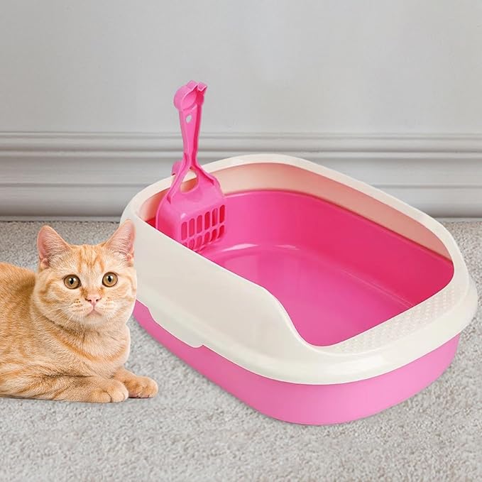 High-Sided Anti-Splash Cat Litter Box Open Top Kitty Litter Pan Pet Sand Tray for Indoor Cats- red