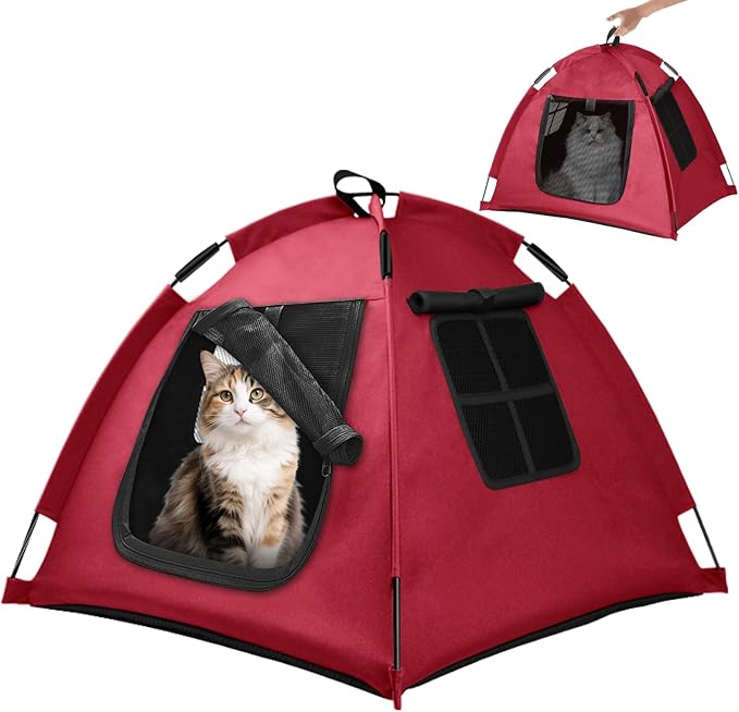 Portable Pet Tent with Full-Enclosure Zippered Mesh Door, Indoor & Outdoor Cat House for Safety & Ventilation, Cozy Nest for Cats, Puppies & Small Animals, Red
