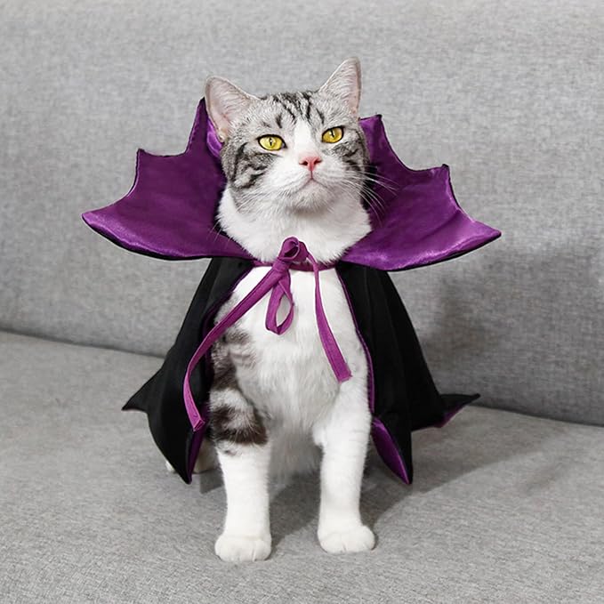 Qiansail Cat Cape Vampire Cloak Halloween Dog Costume Pet Cosplay Apparel Outfit Decor Accessories for Puppy Kitten (Black&Purple)