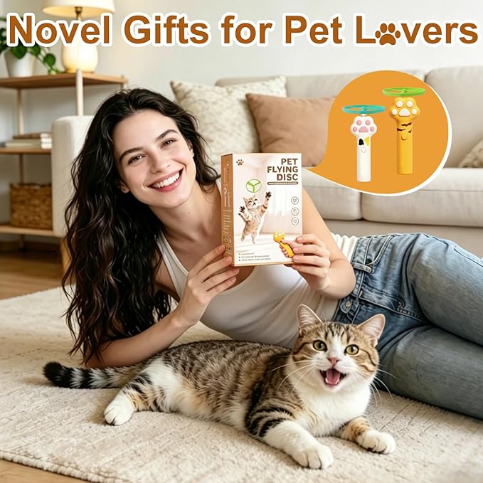 2 Pcs Cat Fetch Toy, Rechargeable Automatic Flying Disc Launcher with 12 Pcs Discs, Interactive Rotating Cat Toy for Indoor and Outdoor Use, Boredom Relief for Pets (White and Brown)