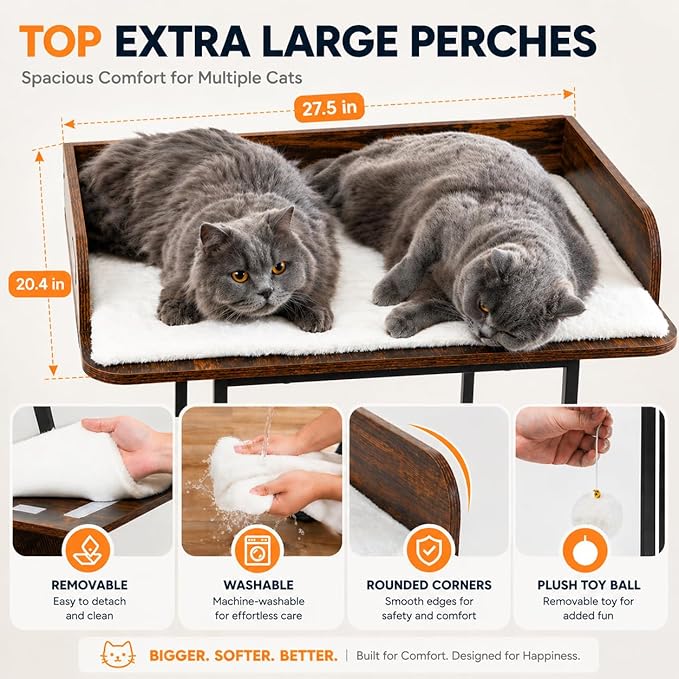 Wood Modern Cat Tree Tower for Indoor Large Cats, 48-Inch Tall Wooden Cat Trees with Big Perch Bed, Multi-Level Condo with Scratching Board Posts, Removable Pads, Cat Furniture, Rustic Brown