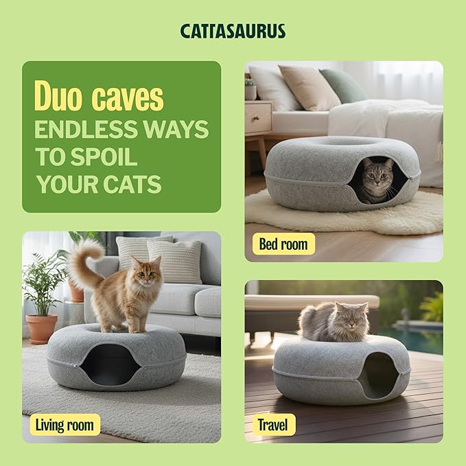 Cattasaurus Peekaboo Cat Cave Duo Jumbo Set, Extra Spacious Cat Donut for Multiple & Large Kitty 15+ lbs, Scratch Detachable Cat Beds for Indoor Cats, Washable Cat Tunnel Bed, Best Kitten Toys