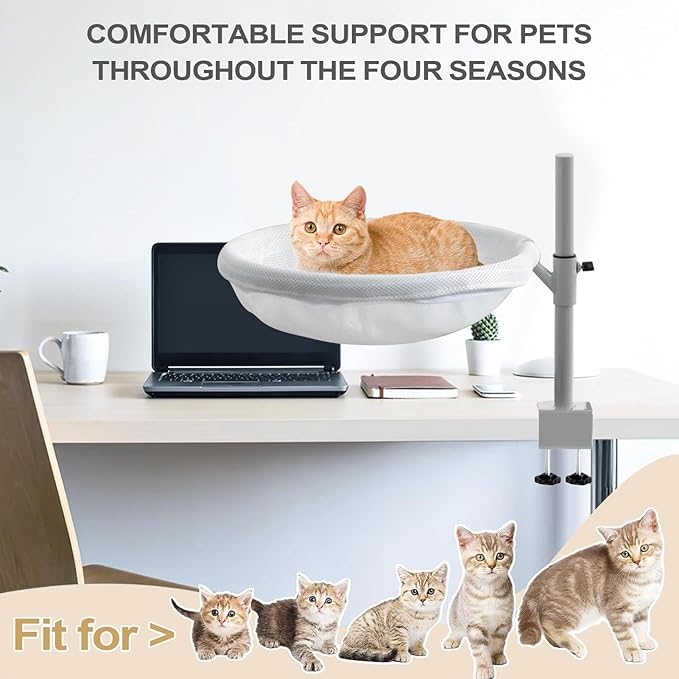 Desk Cat Bed Hammock, 360 Rotating Cat Nest Seat, Space Saving Pet Bed Mounted On Table with Washable Cushion Cover, Modern Cats Furniture for Home Office Setup Desktop Use