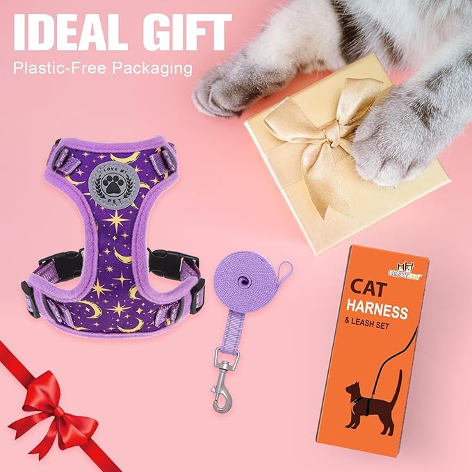 BEAUTYZOO Cat Harness, Escape Proof Cat Leash and Harness Set for Walking, Soft Breathable Vest Harness with Neck Adjustable, Reflective Easy-Control Kitten Harness for Cats (Star Design),Purple S
