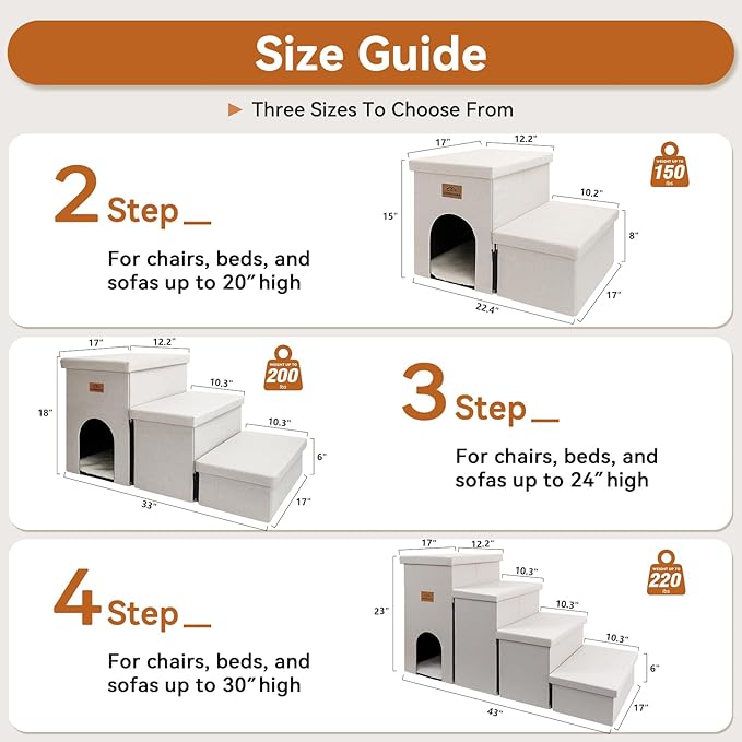 Zerbuger Dog Stairs with Condo 15" H, 2-Step Wider Dog Steps for Small/Medium/Large Old Dogs Cats, Folding Sturdy Storage Pet Stairs Climbing Bed Couch, Ramp for Car Hold Up to 150 lbs, Beige