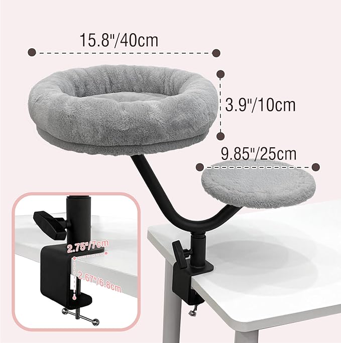 Cat Desk Bed, Desk Cat Bed Attachment for Indoor Cats, 360° Swivel Clamp-on Cats Perch with 40lbs Support, Sturdy Plush Resting Spot for Home Office,Gray