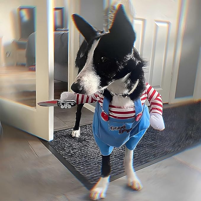Halloween Dog Costumes with Wig & Knife, Cute Pet Deadly Dog Cosplay Costume for Small, Medium, Large Dogs & Puppies