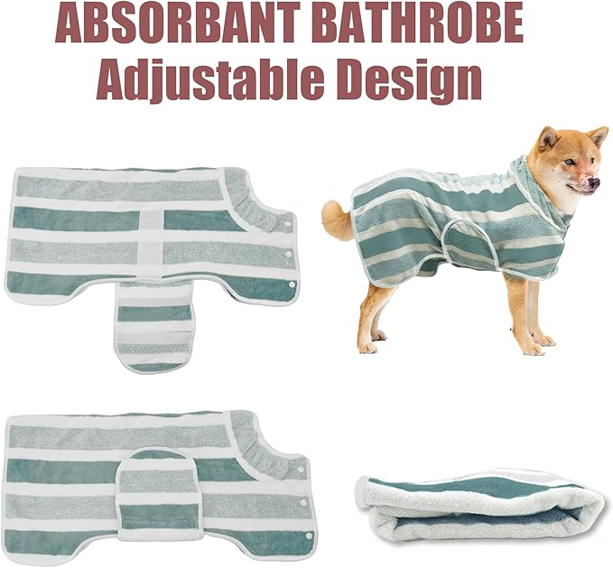 Fast Drying Dog Bath Robe, Super Absorbent Stripes Dogs Towel, Adjustable Warm Keeping Pet Puppy Bath Supplies (Green, L)