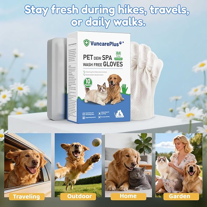 Pet Hydrosol SPA Glove Wipes, 10 Individually Wrapped Packs, No Rinse Dog & Cat Grooming Wipes, Deodorizing Waterless Pet Cleaning Gloves with Jojoba Oil & Olive Oil for Travel & Home