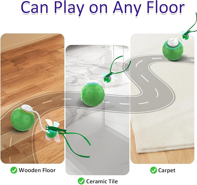 Waaiio Interactive Cat Ball Toy, Fast Moving Cat Toys for Indoor Cats-with Dragonfly & Feather Tails,Automatic Motion Activated, Realistic Squeak Sound for Exercise Stimulation (Green)