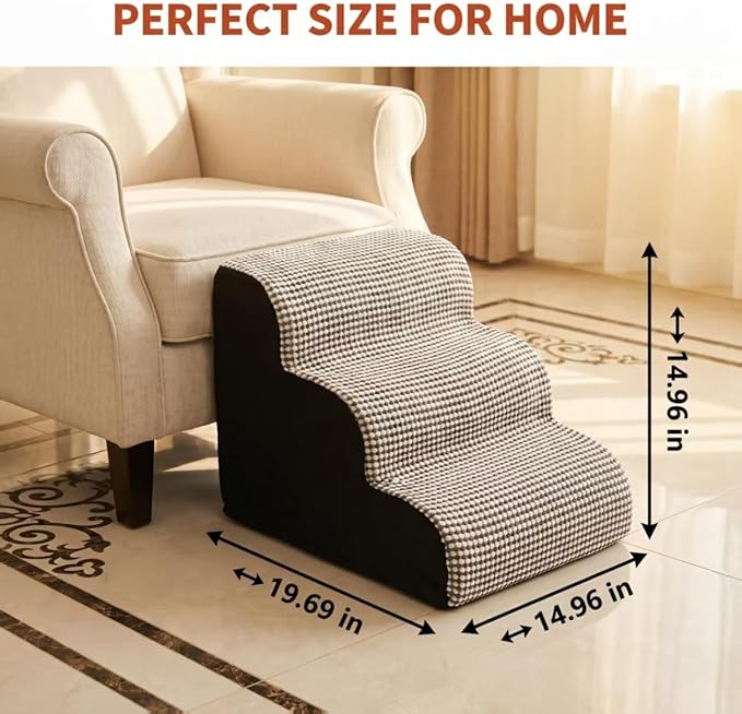 Dog Stairs for Small Dogs，35D Pet Stairs Steps 15” H with Durable Non-Slip Waterproof Fabric Cover, Slope Stairs to Bed for Small Dogs and Cats or Pets Joints, 3 Step Dog Ramp for Couch and Bed