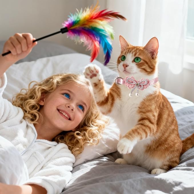 2pcs Adorable Cat Collar with Bow, Adjustable Breakaway Pink Collar for Girl Cat with Pearl Pendant Detachable Kitten Bowtie Accessories (2 Styles)
