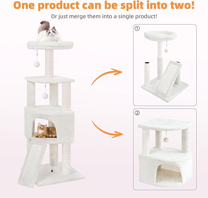 HUITREE 45in Cat Tree Tower with Big Condo for Indoor Kitten,Cat Tower with Scratching Post,Scratching Board and Cat Toys,Multi-Level,Small Space,Transformer Cat Tree, Beige(New)
