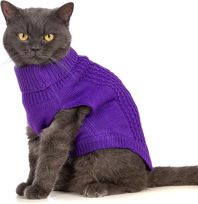Stretchy Cat Sweater - 17 Colors & 6 Sizes | Snug Winter-Ready Knit for Boy/Girl Cats & Kittens(Deep Purple, Large)