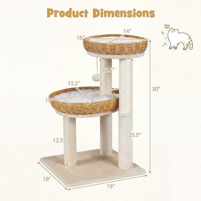 Tangkula Modern Cat Tree, 30 Inch Small Cat Tower with 2 Rattan Cat Baskets, Sisal Scratching Posts, Hanging Ball, 2 Large Nest Cat Beds with Removable & Washable Plush Cushions for Indoor Kittens