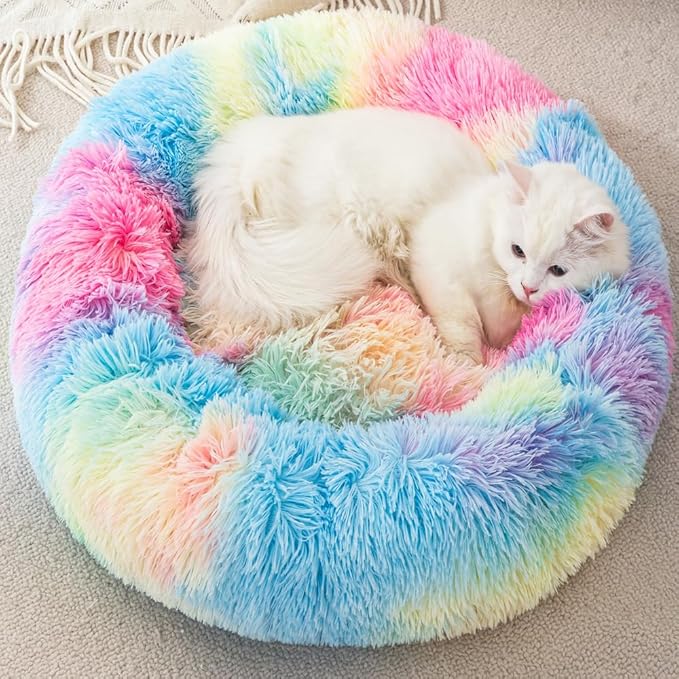 Colorful Cat Bed for Indoor Cats, Calming Donut Dog Bed for Small Dogs Puppies,Cama para Gatos Cat Cave Up to 10LB,Soft Washable Anti-Slip Pet Sleeping Bag, 17.5inch