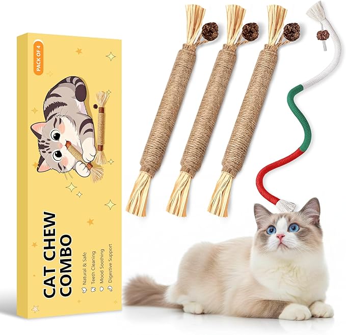Cat Toys for Indoor Cats, 3 Pcs Silvervine Sticks & 1 Pc Cat Chew Rope for Teeth Cleaning, Interactive Dental Sticks with Catnip for cat enrichment, Kitten Chew Toys Teething for All Breeds Red