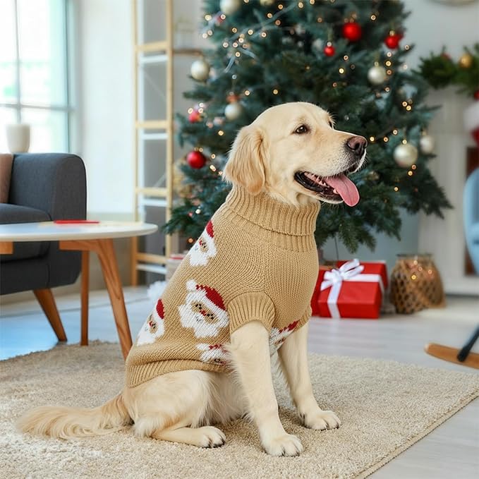 Dog Sweater Knitted for Small to Large Dogs Boy Girl, Classic Turtleneck Dog Christmas Sweaters, Warm & Soft Santa Claus Pet Clothes for Winter (Brown, L)