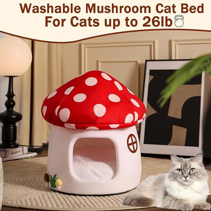 Mushroom Cow Cat Bed House for Indoor Cats & Small Dogs - Soft Cave-Style Pet Nest with Removable Washable Cushion, Plush Semi-Enclosed Cat Cave Tent, Red & White, Cozy Non-Slip Calming Bed