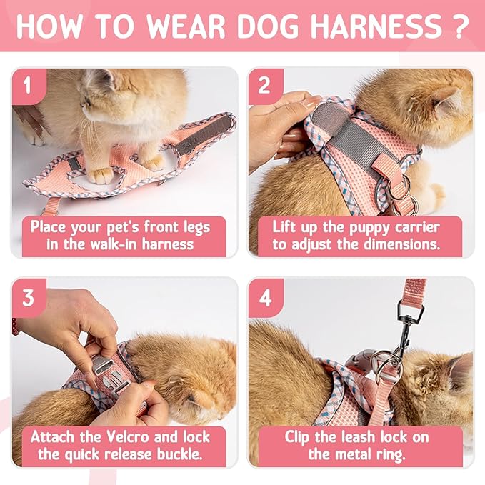 Cat Harness and Leash Set - Breathable Mesh Vest with Reflective Strips, Escape-Proof Harness with No-Choke Design Secure Lock Buckles for Kittens or Puppies, XS Pink(Fits 3-7 lbs Kittens)