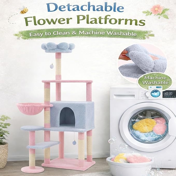 Flower Cat Tree 56 Inches，Large Cat Tower with Detachable Flower Cushions and Hiding Condo, Blue and Pink Cat Tree with Hammock Bed, Interactive Toys and Scratching Posts for Indoor Cats