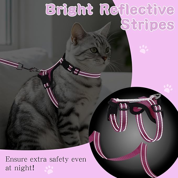 Cat Harness and Leash Set for Walking,Adjustable Escape Proof Kitten Harness and Leash with Reflective Strips,Easy to Wear Soft Breathable Harness for Cats Puppy Bunny Dogs Pink