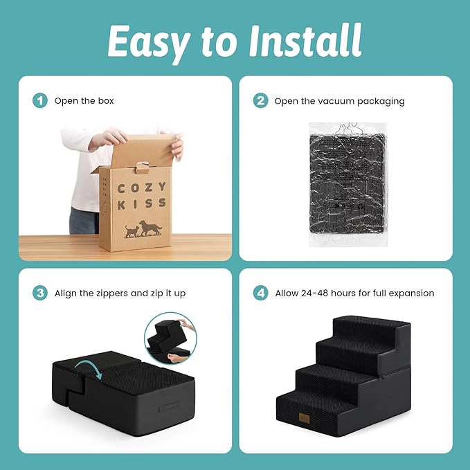 COZY KISS Dog Stairs for Small Dogs, 4 Tier Removable Pet Stairs for Couch and Bed, 17.7" H Dog Steps for Old Cats, Puppy, Small Dogs, 15.7x23.6x17.7 inch, Black