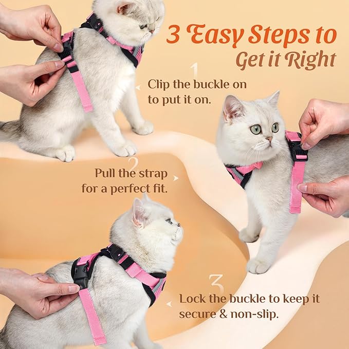 Dooradar Cat Harness and Leash Set, Escape Proof Soft with 3 Adjustable Buckles, Comfortable Vest Easy to Wear Kitten Harness with Reflective Strip, Safe for Outdoor Walking, Pink, S