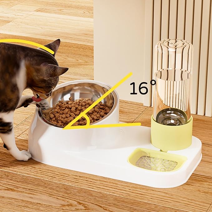 Automatic Cat Water Dispenser and Food Feeder with 16° Tilt Design for Neck Pressure Relief and Hygiene