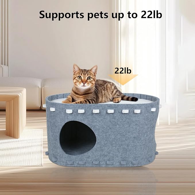 Cat Houses for Indoor Cats, Cozy Cat Beds for Indoor Cats,Cat Bed Cave, Felt Cat Cave Condo for Large Cats Up to 22 Lbs, Scratch Resistant Gray Hideaway (Grey, 22.5 * 12.9 * 11.8)