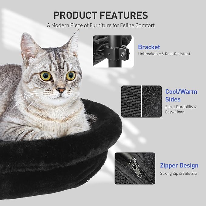 Cat Desk Bed, Heavy Duty Steel Clamp-On Various Desktops, Machine Washable Reversible Cat Beds for Large & Kitten, 360° Rotating Height Adjustable, Indoor Cats Nest Furniture Supports 45lbs, Black