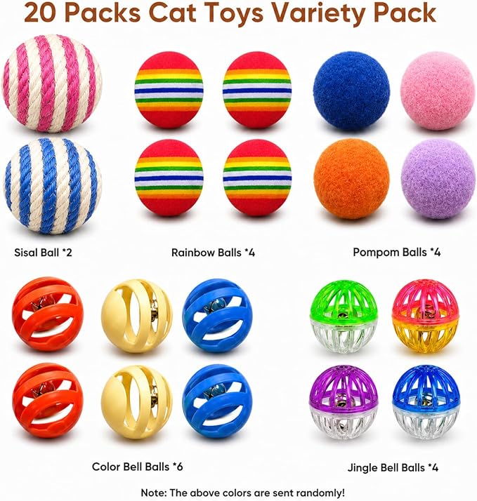 Cat Toys for Indoor Cats, Cat Toys Balls, 20 Packs Interactive Cat Toy Set with Colorful Bell, Jingle Bell, Rainbow, Pompom and Sisal Ball for Kittens