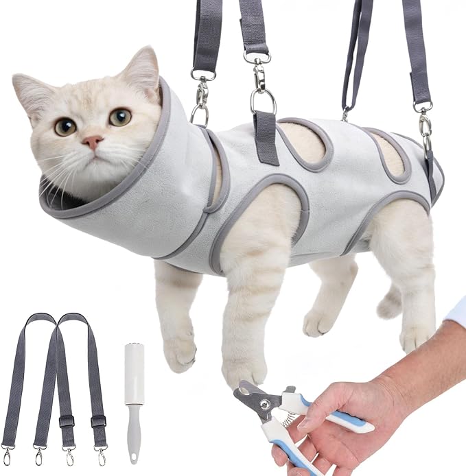 BEAUTYZOO Cat Grooming Hammock Harness for Cats Small Dogs-Self-Adherent Wrap Cat Holder for Cutting Nails,Cat Hammock with Cone Collar Soft to Stop Licking,Dog Hanging Sling Restraint Bag Cat Brushes