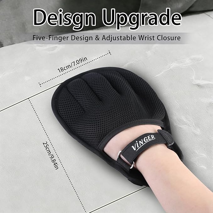 VINGER Pet Hair Removal Glove for Cats & Dogs, Electrostatic Pet Hair Gloves with Adjustable Wristband, Five-Finger Magic Brush Remover Tool for Laundry, Carpet, Couch, Car Seats & Clothing (Black)