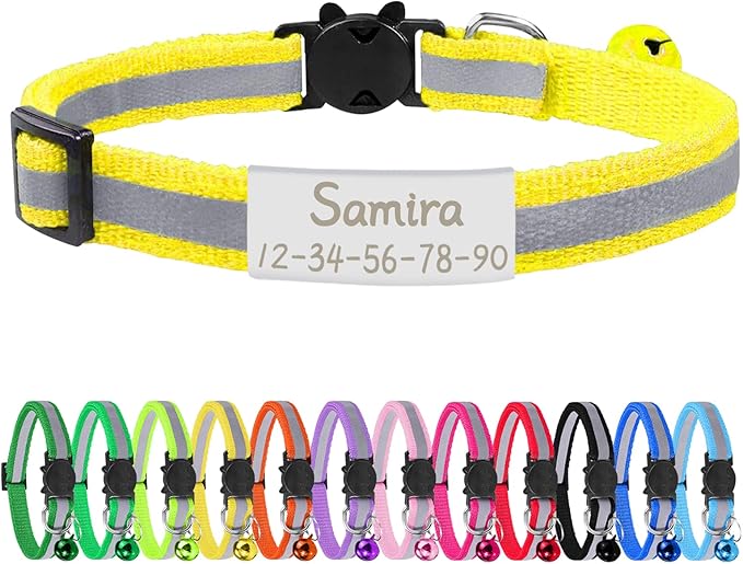 CAMAL Reflective Cat Collar Personalized with Pet ID Tag, Safety Breakaway Cat Collar with Name Tag, Yellow Kitten Collar with Bell for Boy Girl Cats Puppies
