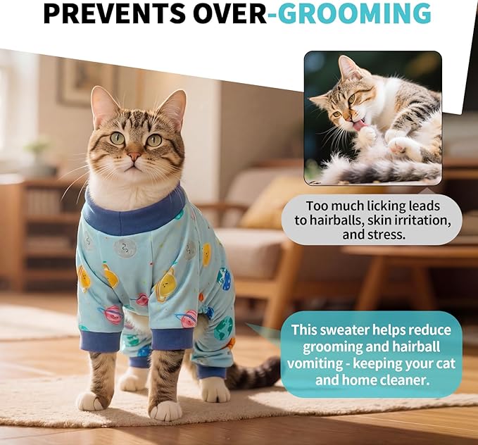 Sticky Hair Cat Clothes, Anti-Shedding Cat Pajamas, Post-Surgery Recovery Onesie, Soft Breathable, Prevents Licking & Scratching Wounds, Warm Cats Sweater, Sphynx Cats Clothing- Blue XS