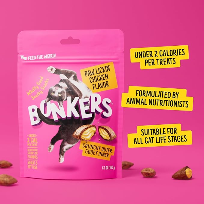 Bonkers Bites Paw Lickin' Chicken Flavor Crunchy & Soft Treats for Cats, 6.3oz Bag (Pack of 6)