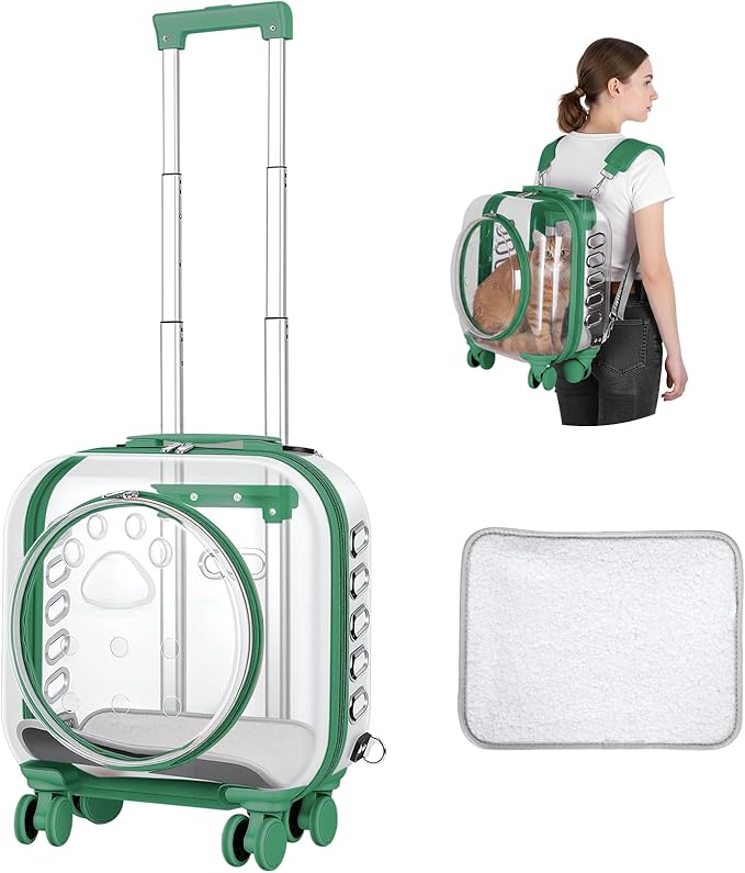 Cat Carrier Hard Shell Transparent Pet Trolley Box with Wheels, Pet Rolling Backpack with Telescopic Handle, Detachable Shoulder Strap, for Travel Outdoor Green