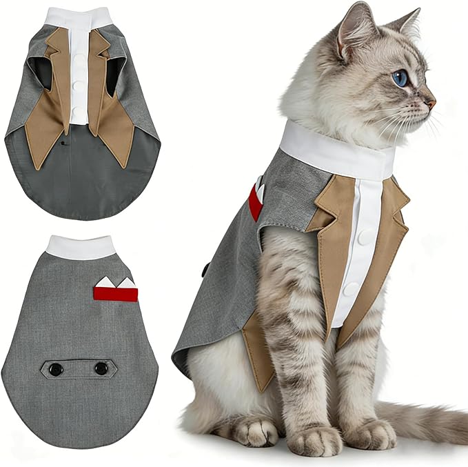 Grey Cat Tuxedo Suit, Sized for All Cats,Stylish Cat Tuxedo Outfit Formal Suit, Kitten Formal Attire Wedding Birthday Onesie Costume, Pet Fashion Apparel Fancy Clothes